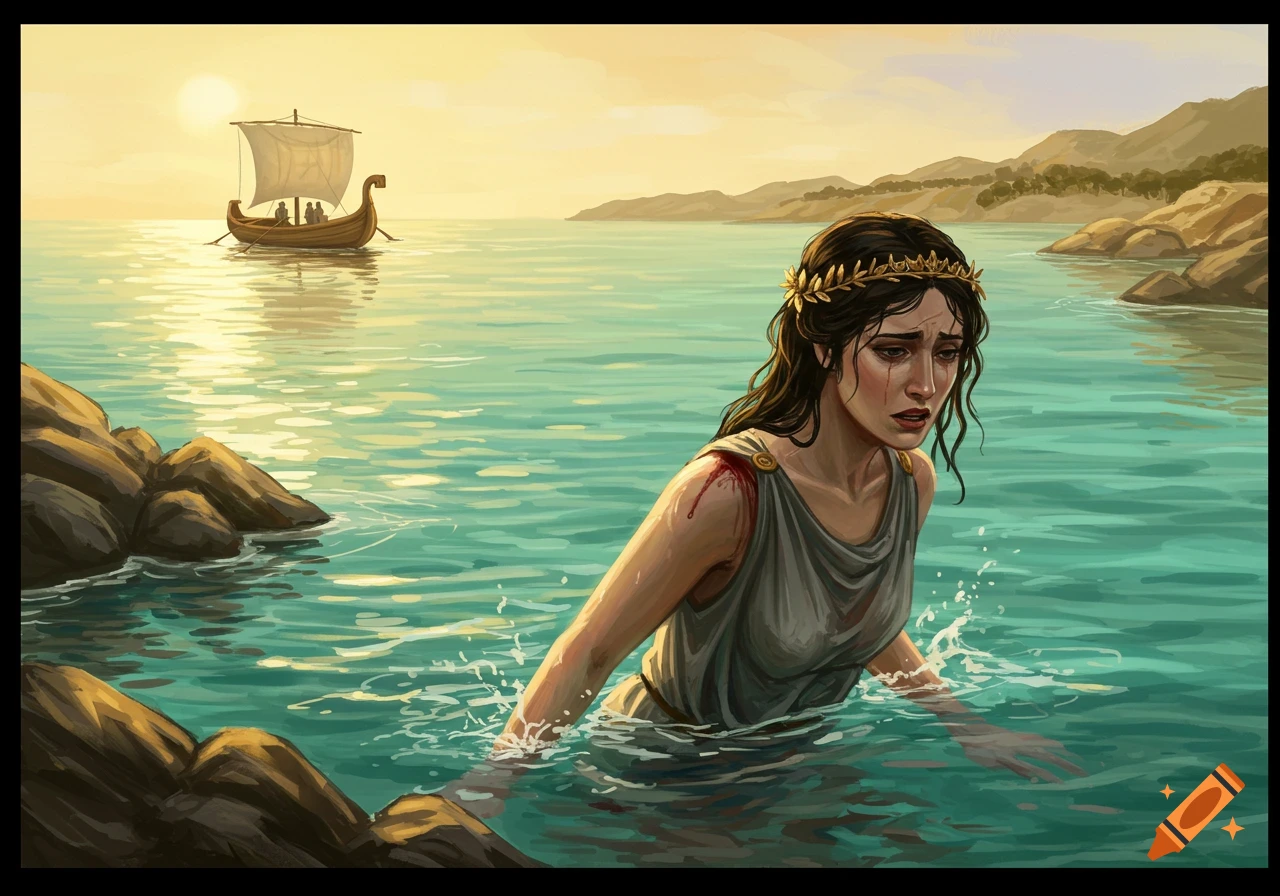 A woman with a bloody shoulder swims through the sea toward shore, a boat sailing away in the background under a sunset sky.