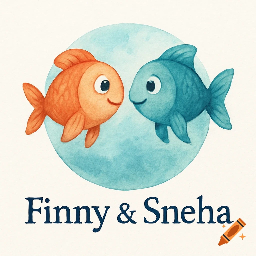 Watercolor illustration of orange and blue cartoon fish above text "Finny & Sneha"