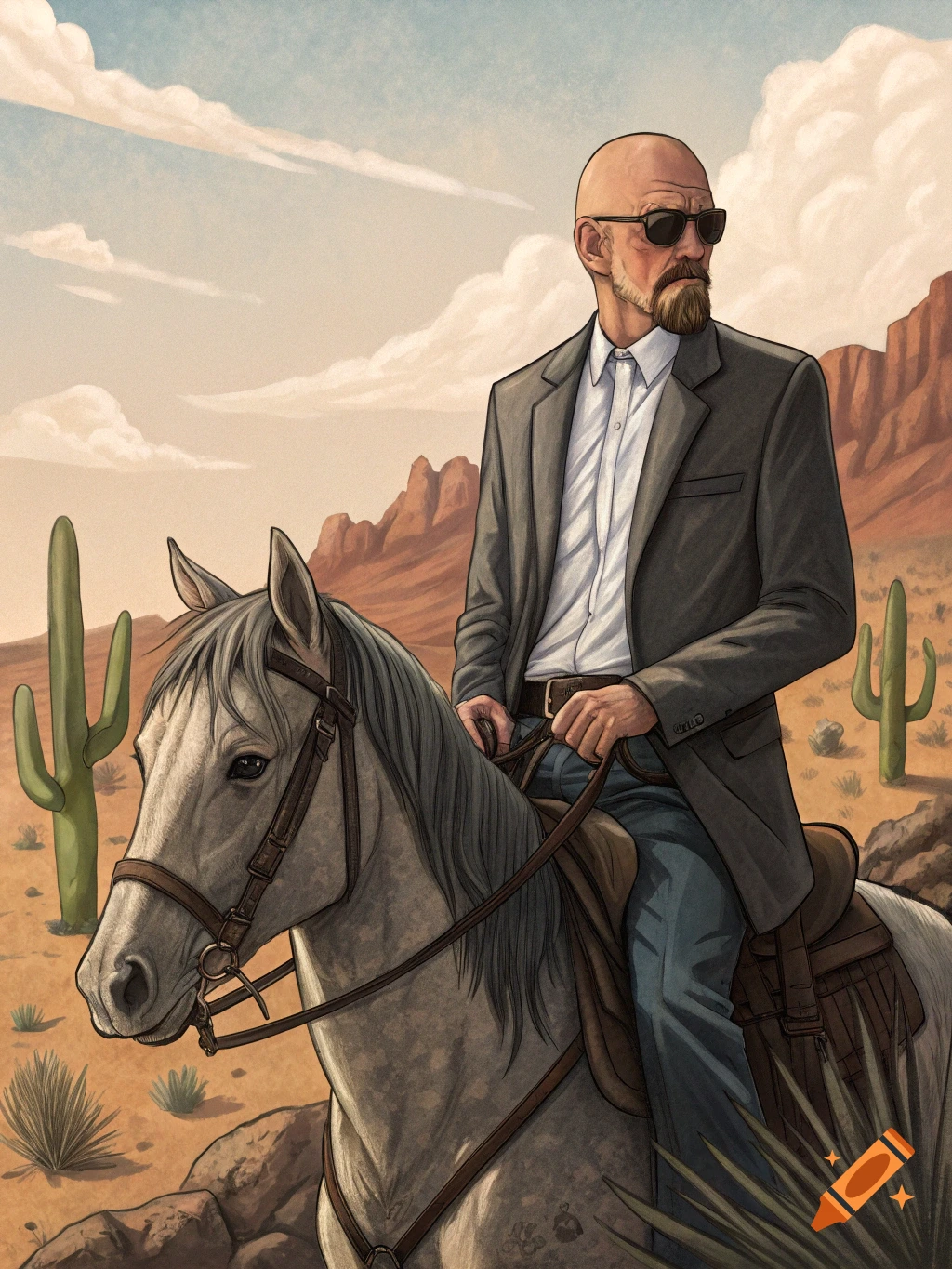 Stylized illustration of a bald man in sunglasses and a jacket riding a horse in a desert landscape.