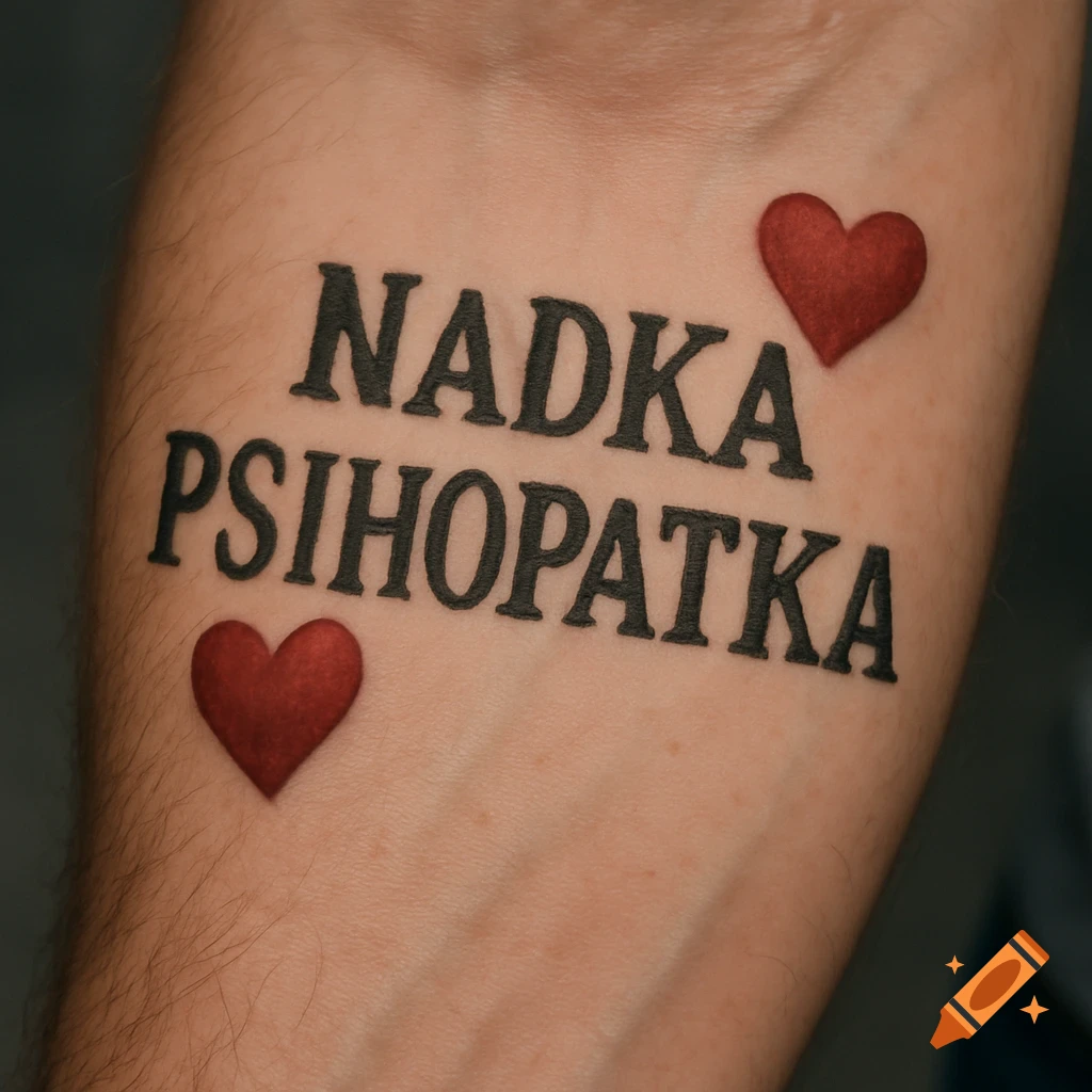 Realistic tattoo of the name NADKA PSIHOPATKA with two hearts on a hairy arm.