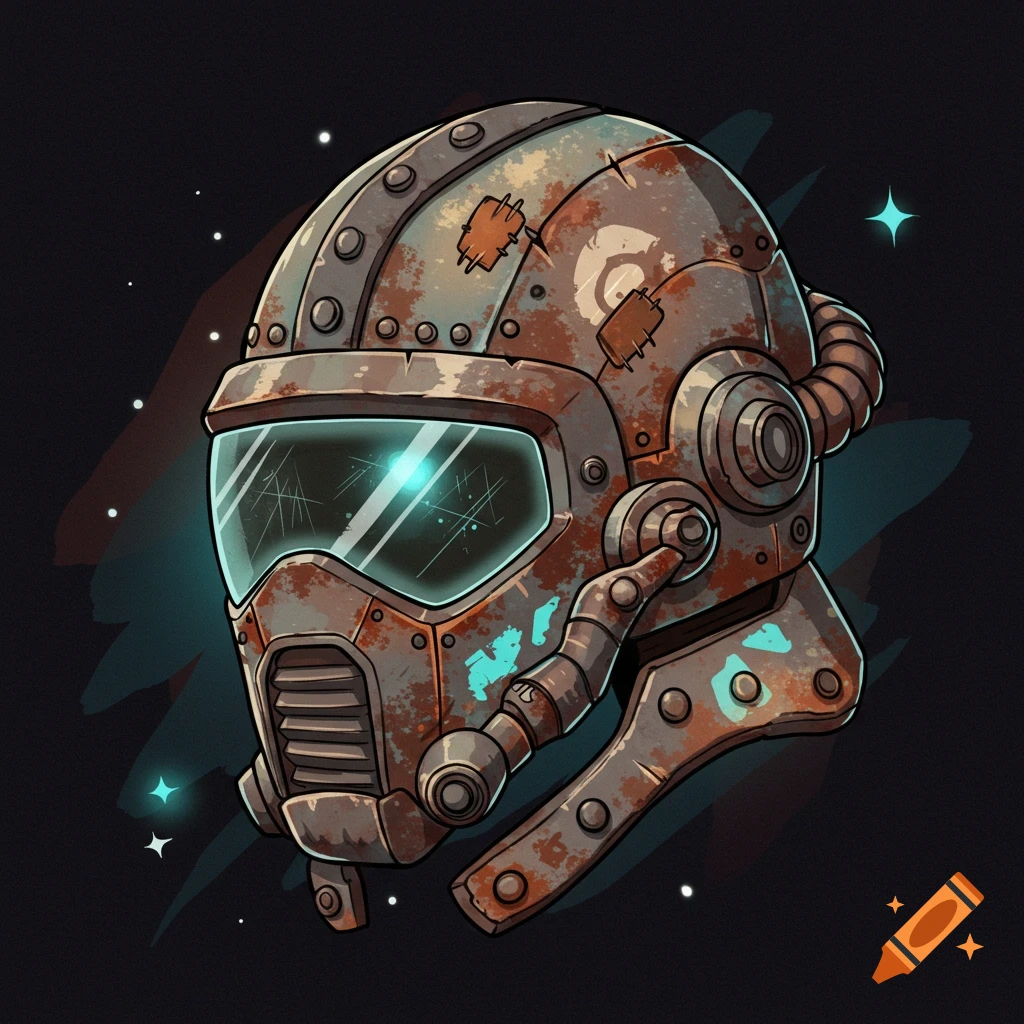 A cartoony, rustic sci-fi helmet on a dark background.