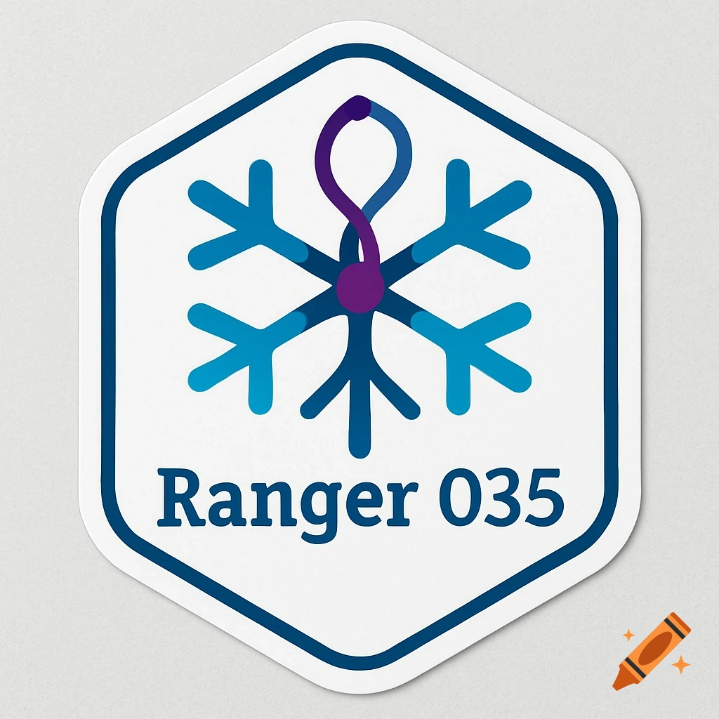 A hexagon-shaped sticker featuring a blue snowflake-like symbol with a curved purple element through the center. Below the symbol, the text reads "Ranger 035".