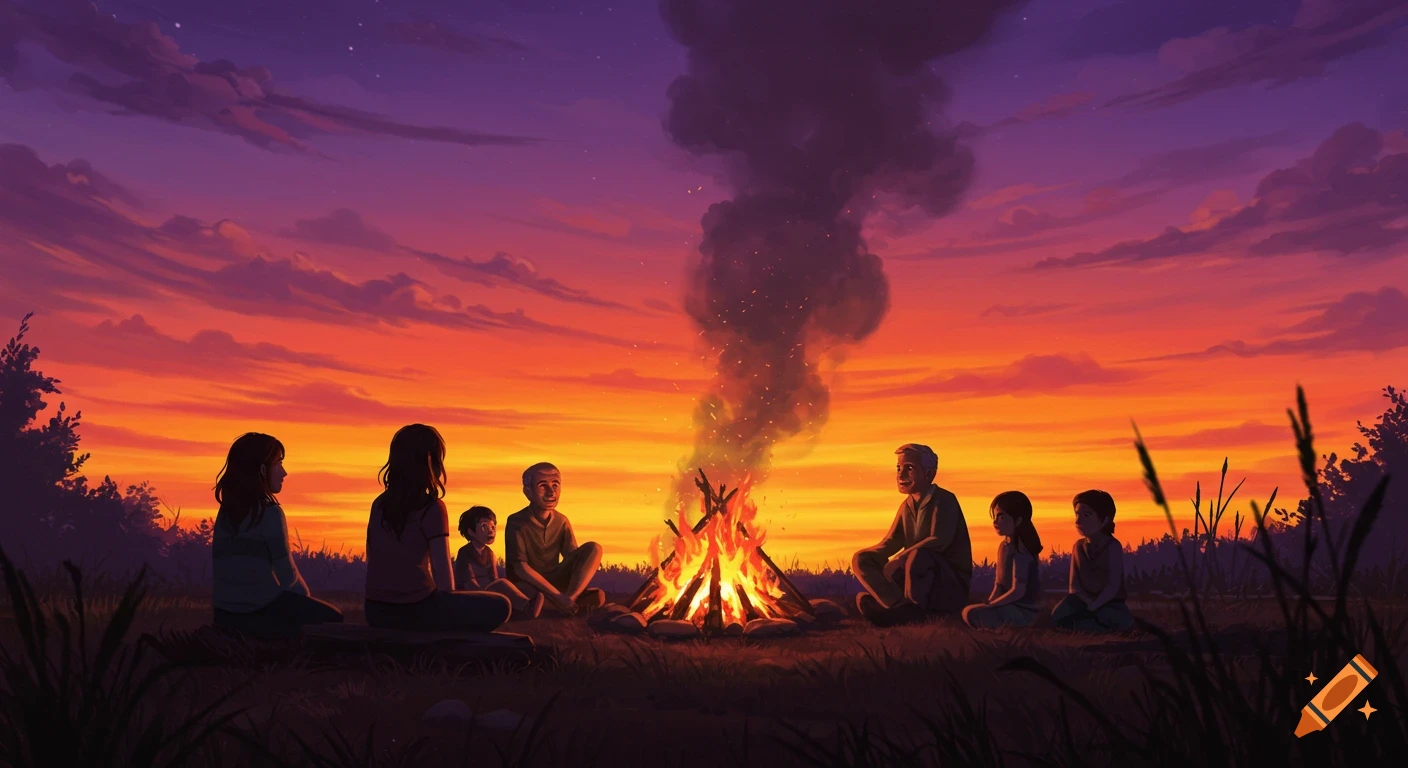 A group of people sit around a campfire at sunset, watching smoke rise against a vibrant orange and purple sky.