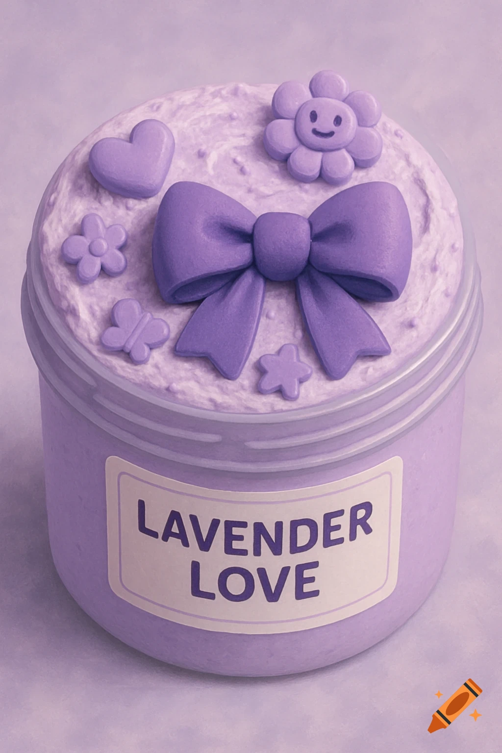 A purple slime container with a 'LAVENDER LOVE' label, purple bow, heart, butterfly, and flower charms.