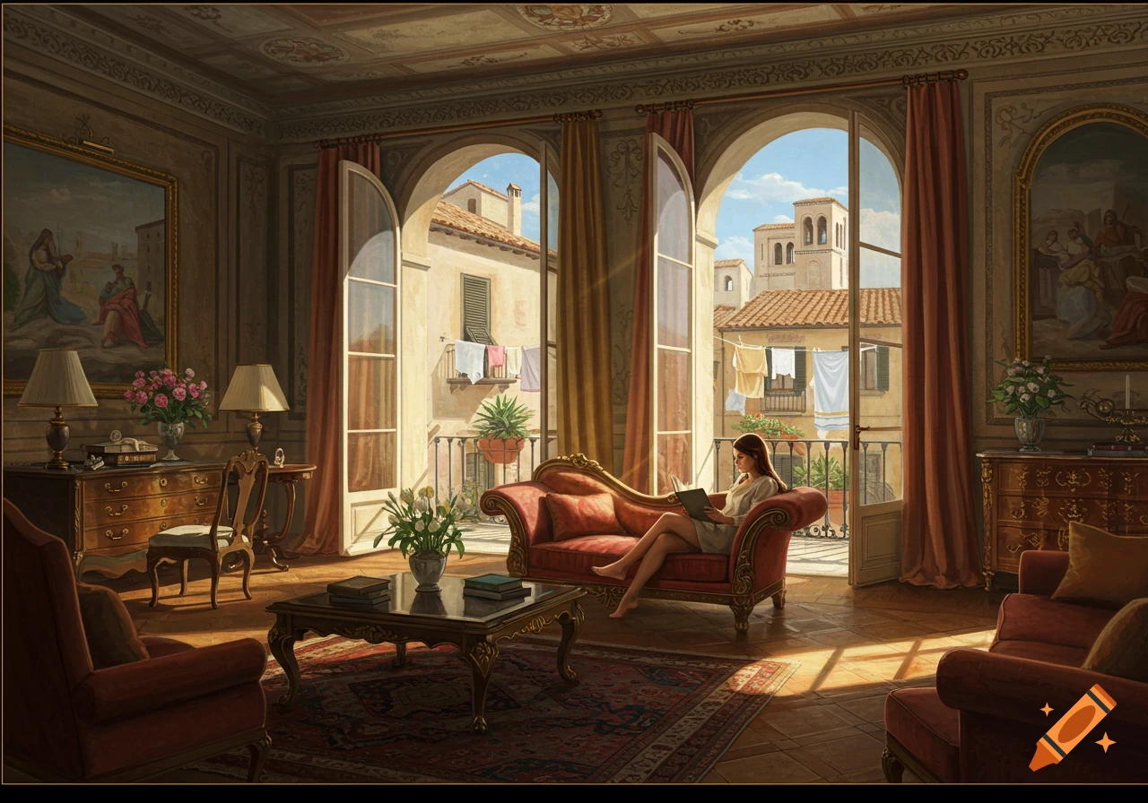 Woman reading in a luxurious Italian room overlooking a balcony and street.
