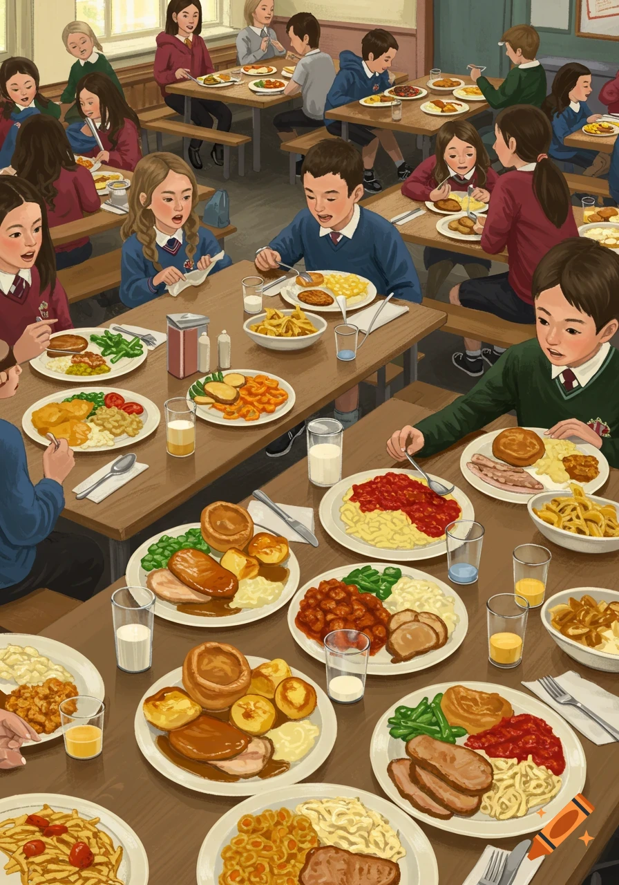 Children eating school dinners in a busy cafeteria.