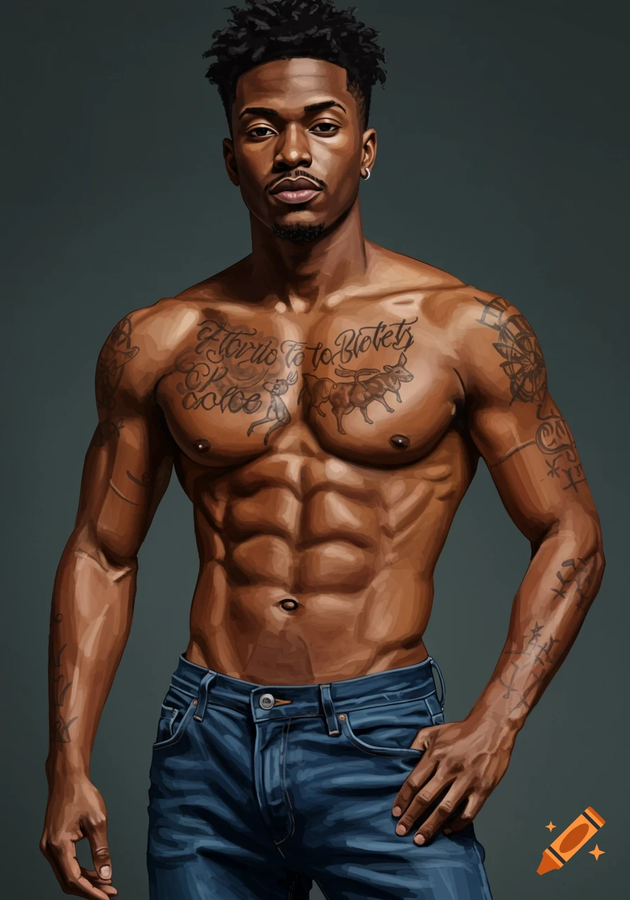 Digital painting of a muscular Black man with chest and arm tattoos, wearing jeans.