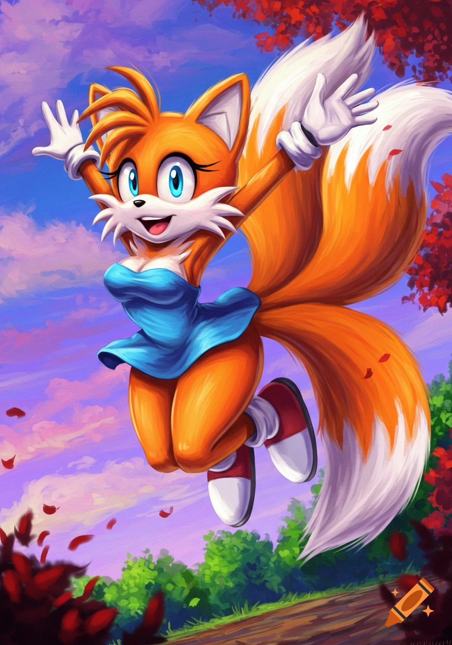 Female fox character similar to Tails in a blue dress jumping, set against a vibrant landscape.