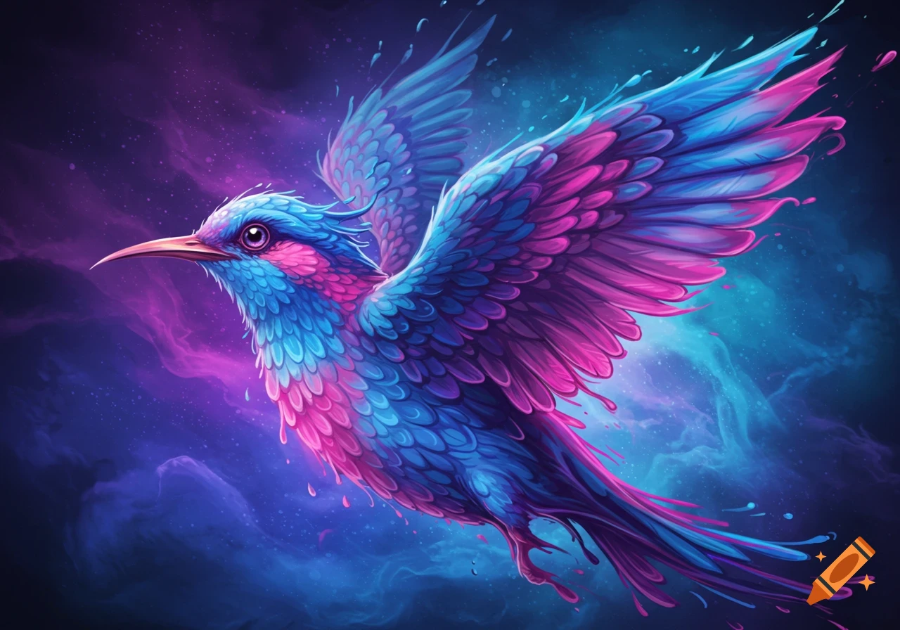 A vibrant, stylized hummingbird with blue and pink feathers flies through a purple and blue nebula.