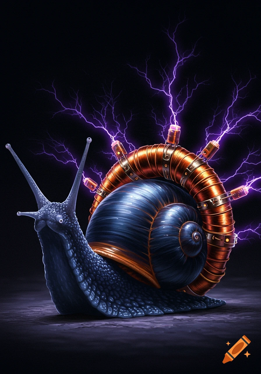 A dark blue snail with a copper Tesla coil shell emits purple lightning.