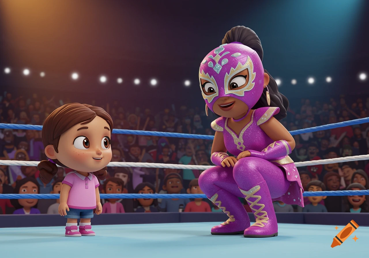 Cartoon girl in a wrestling ring looking at a crouching luchador.