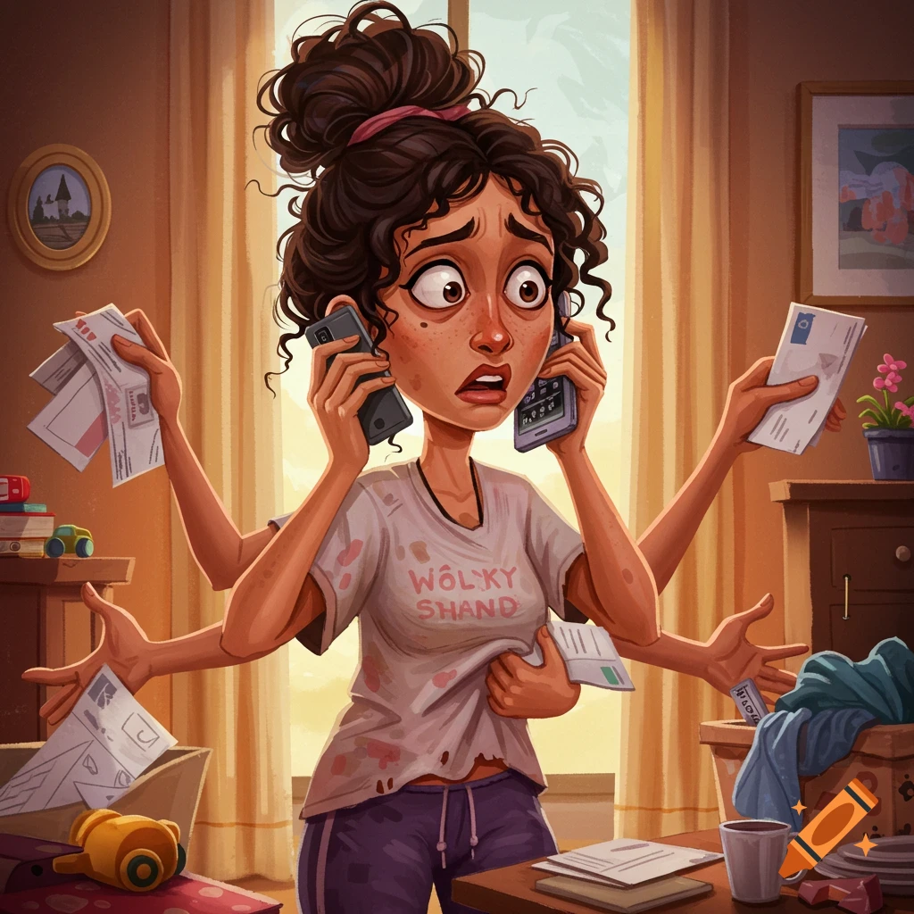 Cartoon illustration of an overwhelmed woman with multiple arms juggling phones and papers.