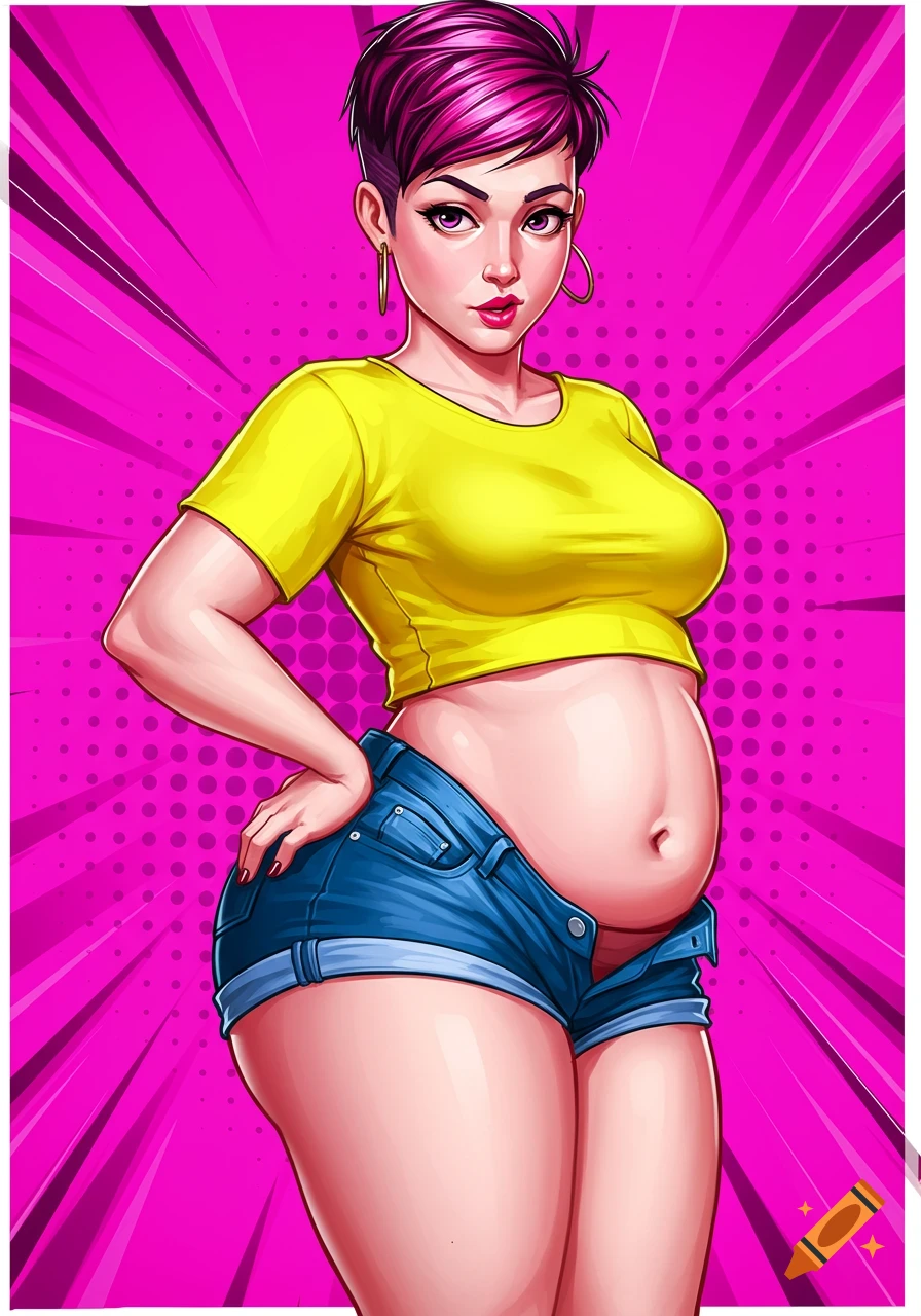 Pop art illustration of a woman with pink hair, yellow crop top, and denim shorts.