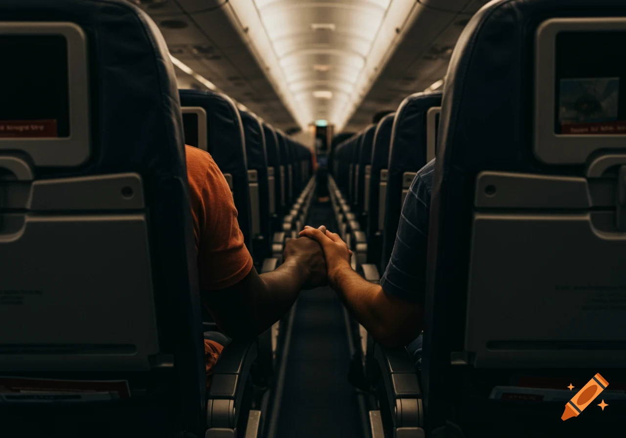 Rear view of two men holding hands across the aisle of an airplane interior.