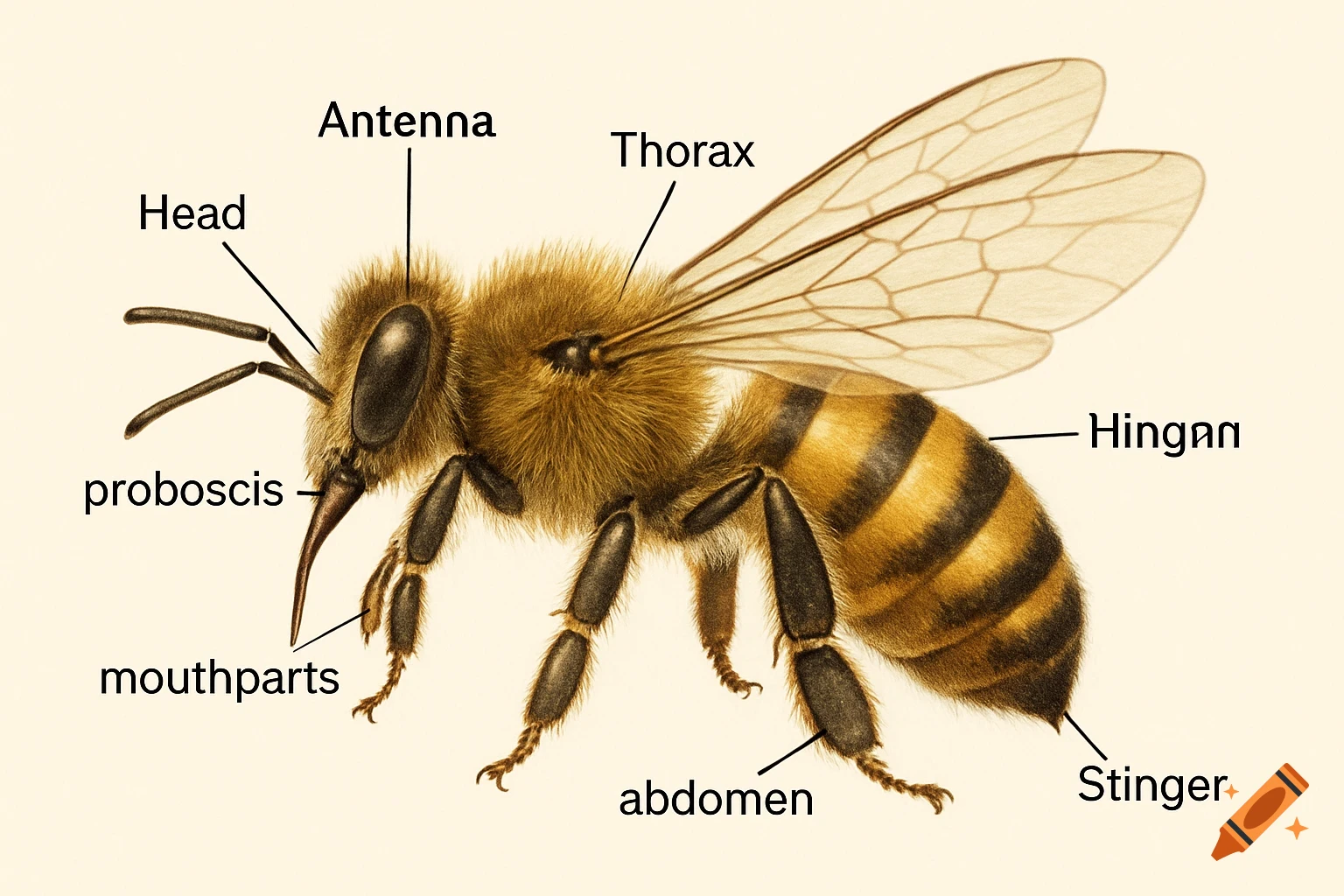 Diagram of a bee with labeled body parts.