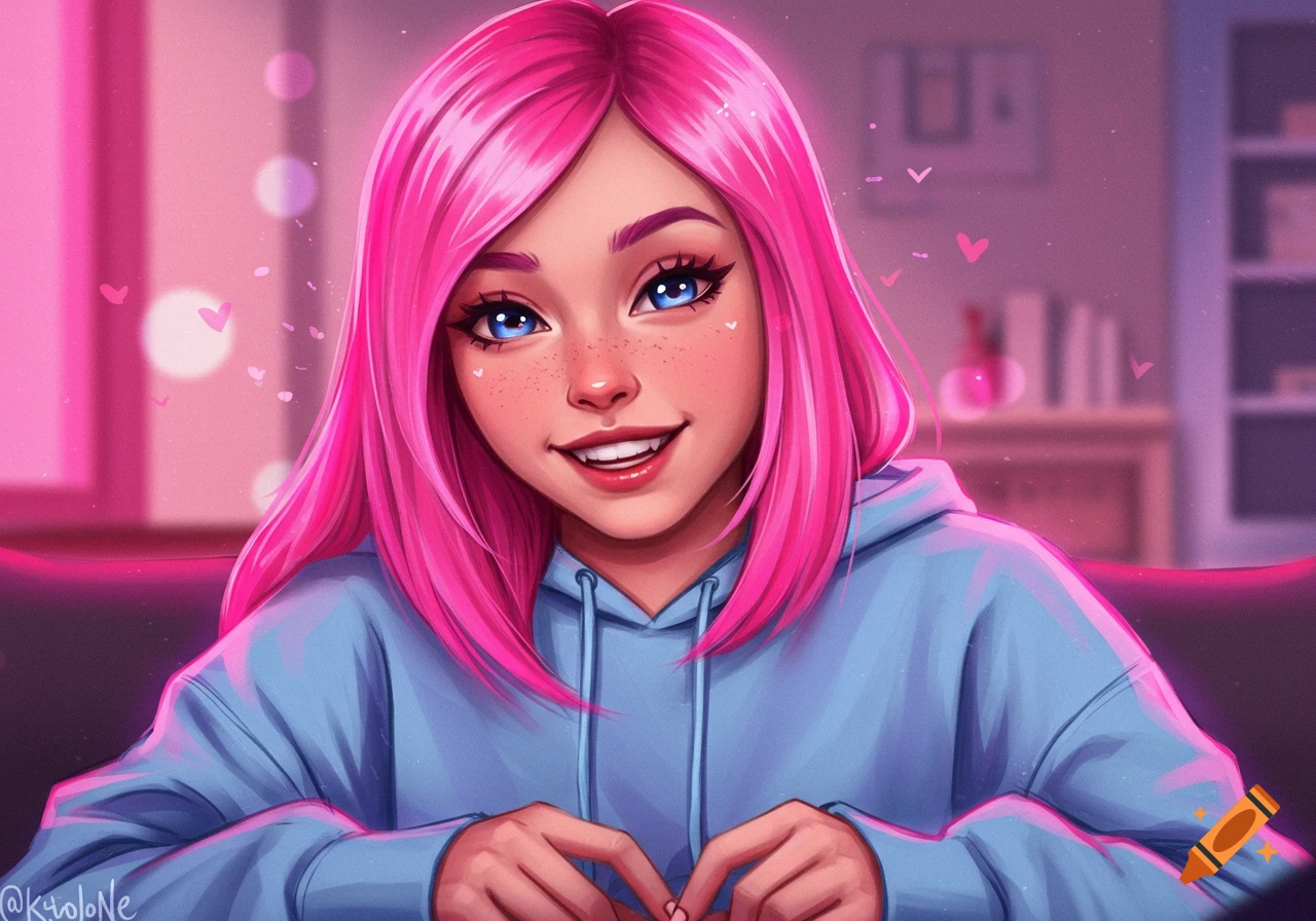 A smiling girl with bright pink hair and blue eyes in a blue hoodie, illustration.