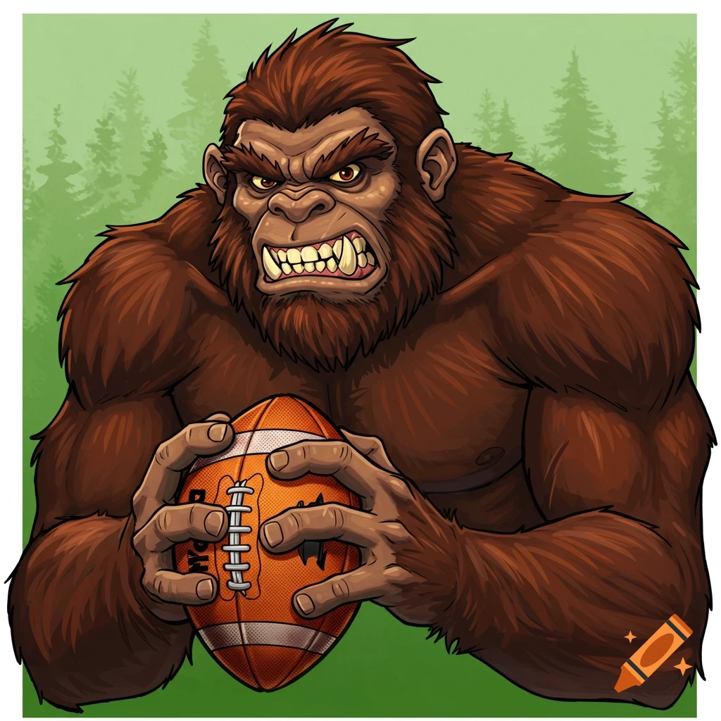 Cartoon illustration of a fierce sasquatch holding a football.