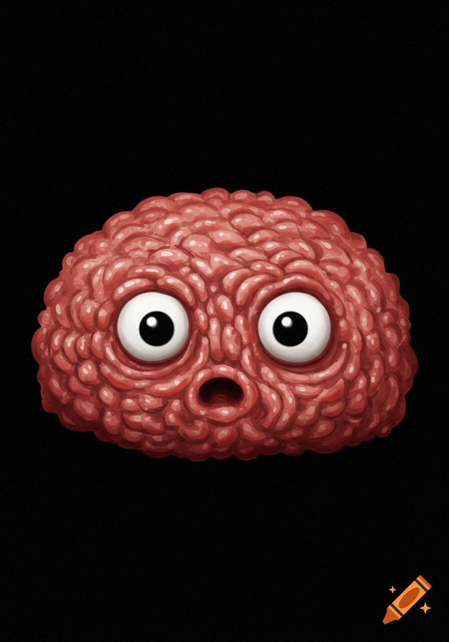 A cartoon illustration of a brain or ground meat blob with wide eyes and a surprised expression.
