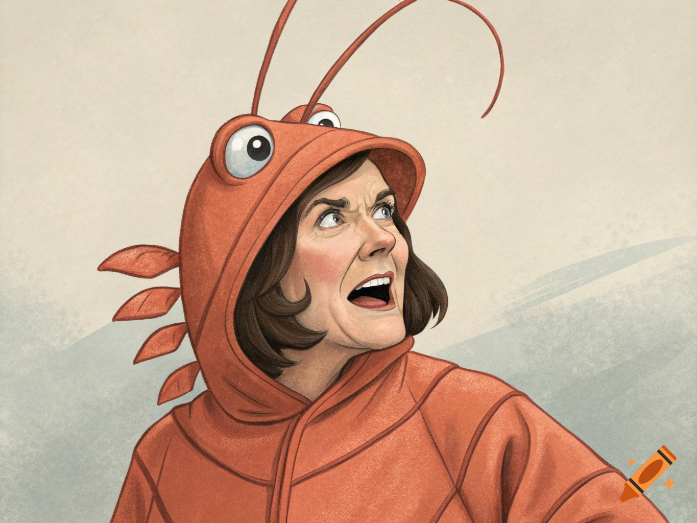 Illustration of a woman in a lobster costume looking up.