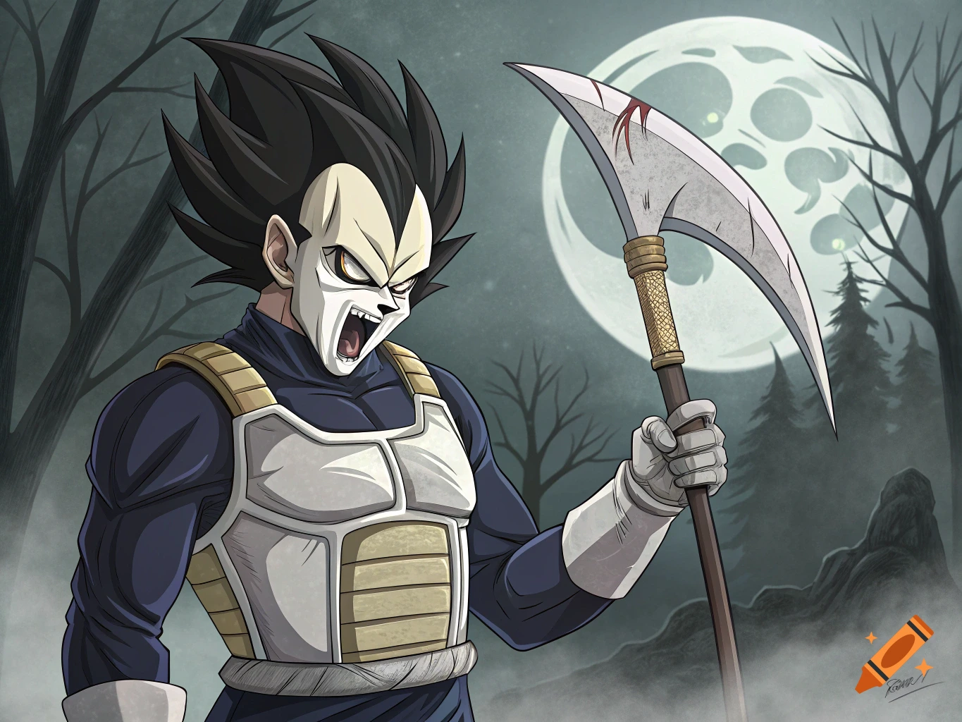 Vegeta from Dragon Ball Z wearing a Ghostface mask and armor, holding a scythe in a spooky forest under a full moon. Anime style.
