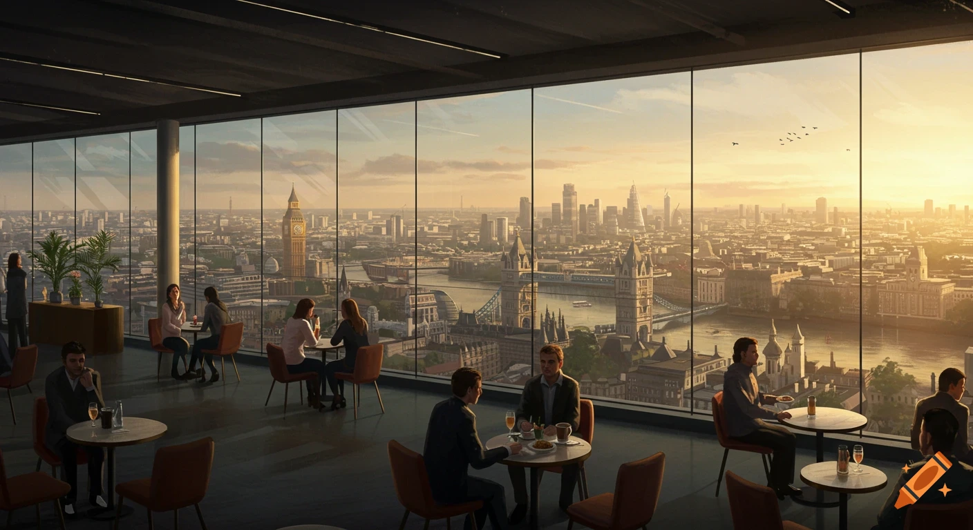 People in a cafe with a panoramic view of the London skyline at sunset