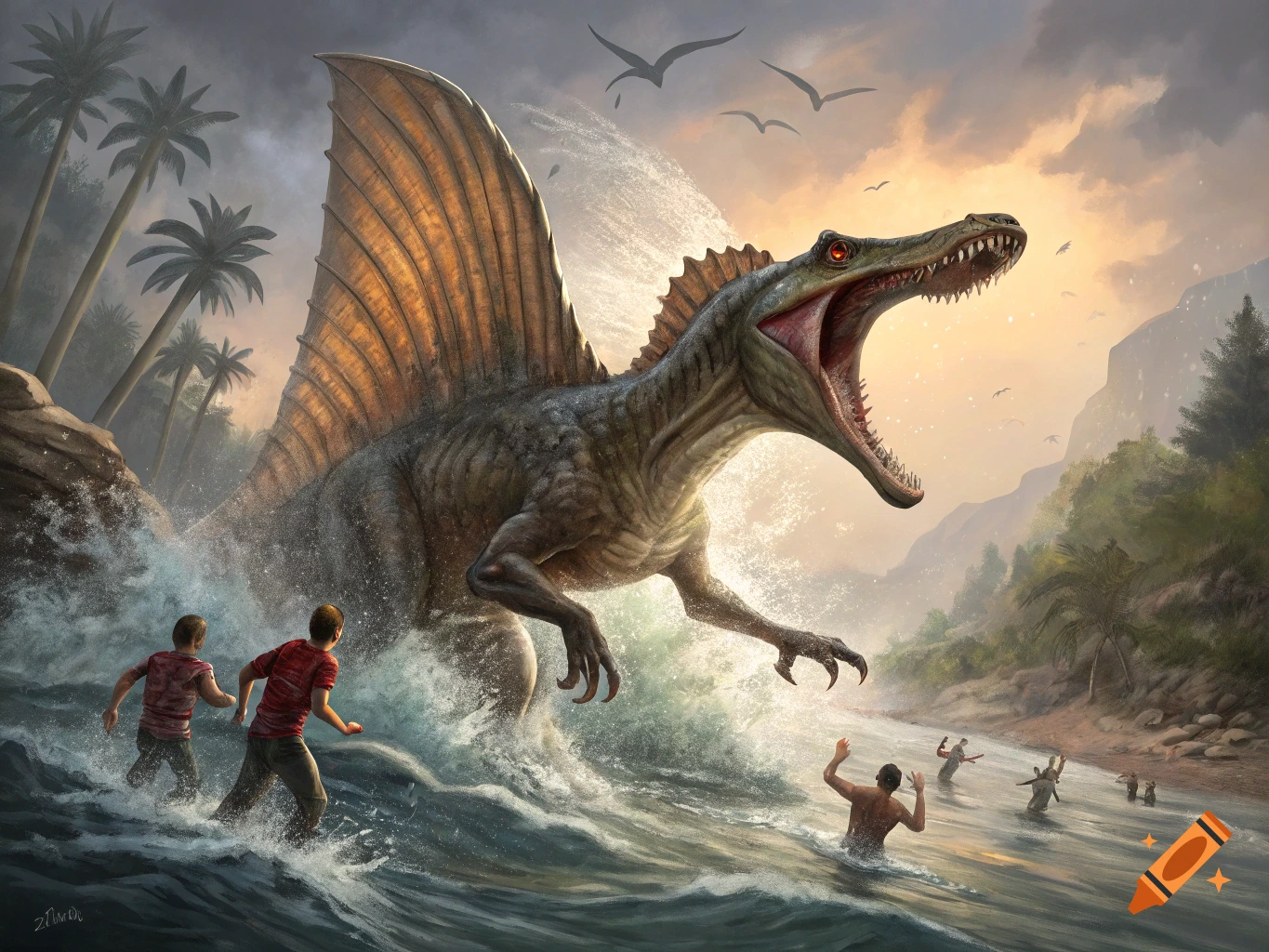 A large Spinosaurus dinosaur bursts from the water, chasing people in a prehistoric jungle river.