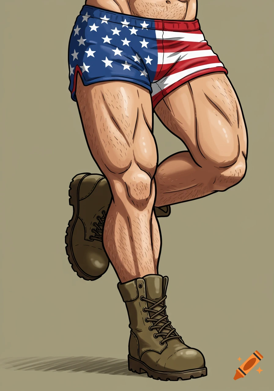 Muscular legs in American flag shorts and combat boots, illustration style.