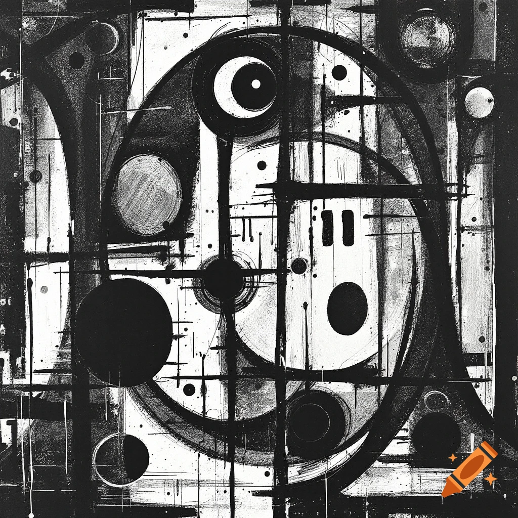 Abstract black and white linocut style image with geometric shapes, lines, and circles.