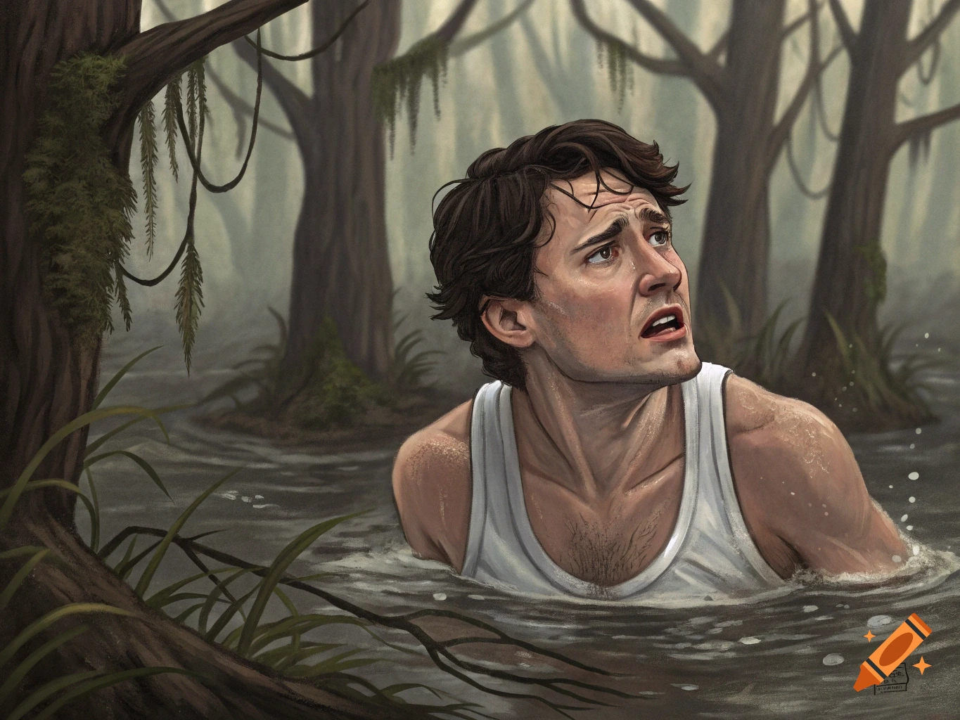 Illustration of a scared man in a white tank top struggling in a swamp.