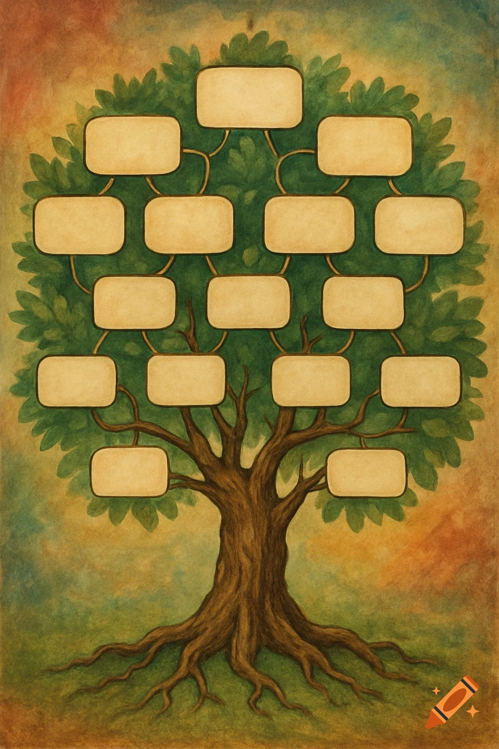 Watercolor illustration of a family tree with empty boxes for names