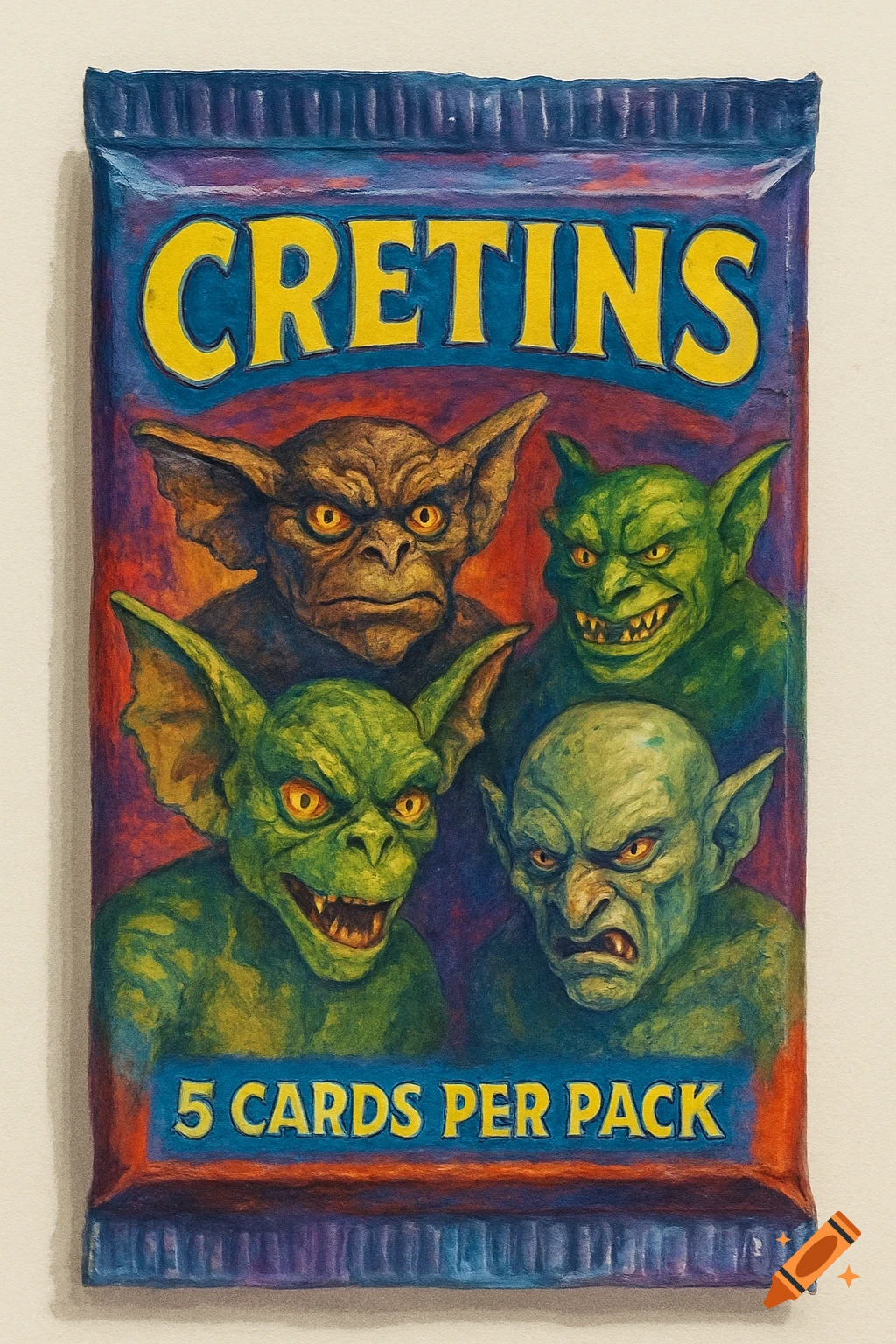 A trading card pack featuring fantasy creatures with the text 'CRETINS' and '5 CARDS PER PACK'.