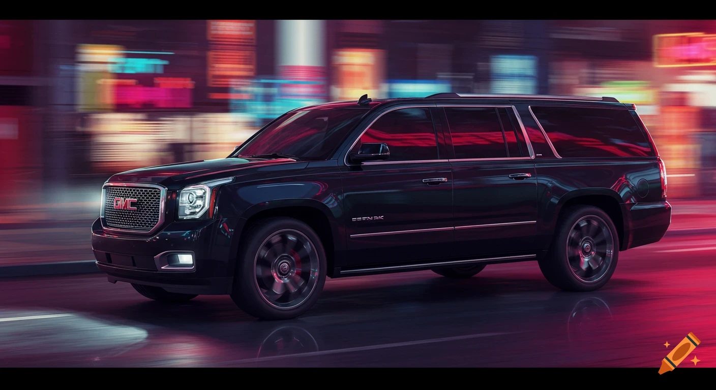 A black GMC Denali SUV drives through a city at night with motion blur.