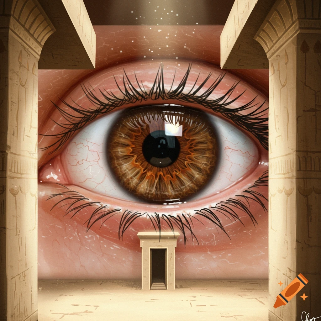 A giant brown eye peers from within an ancient Egyptian pyramid structure.