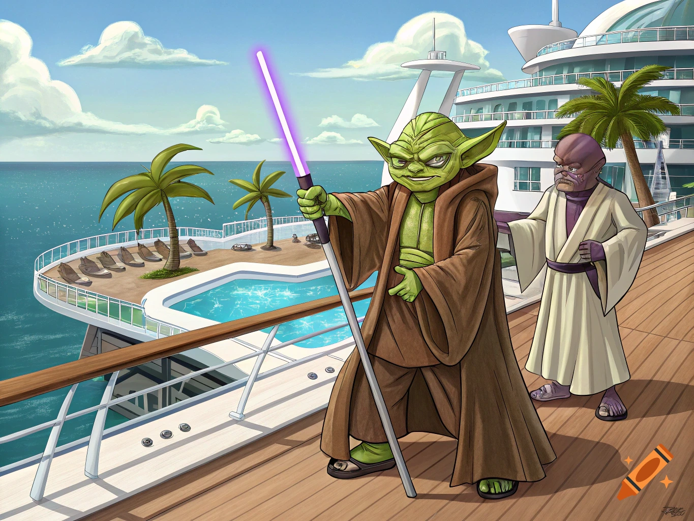 Illustration of Yoda and Mace Windu on the deck of a cruise ship with a pool and palm trees.