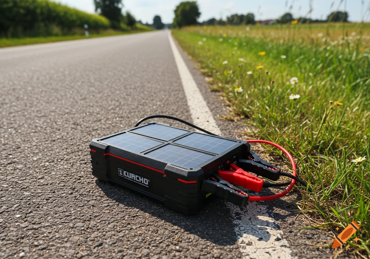 A solar-powered battery jumper pack sits on the side of an asphalt road next to a grassy field.