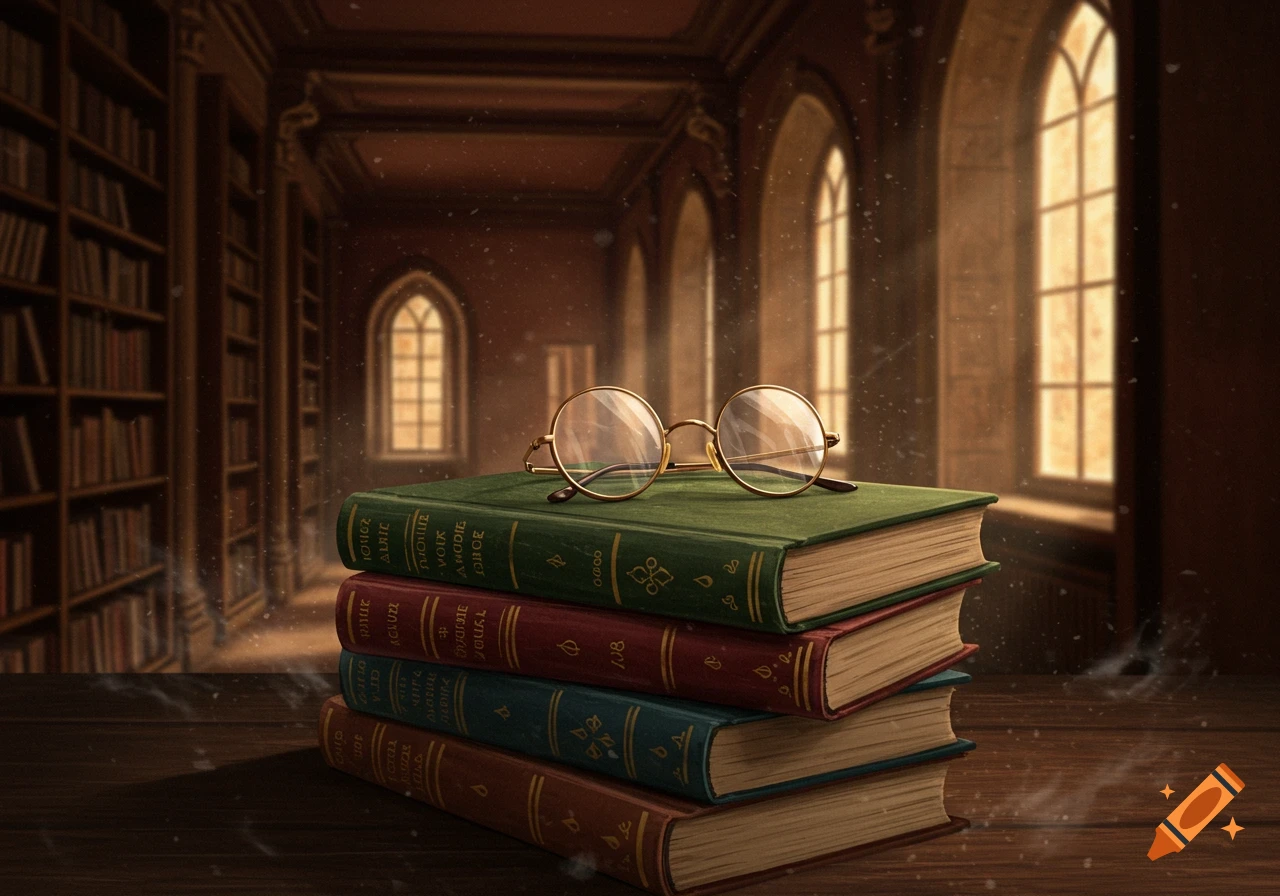 A stack of books with glasses on top in a library setting.