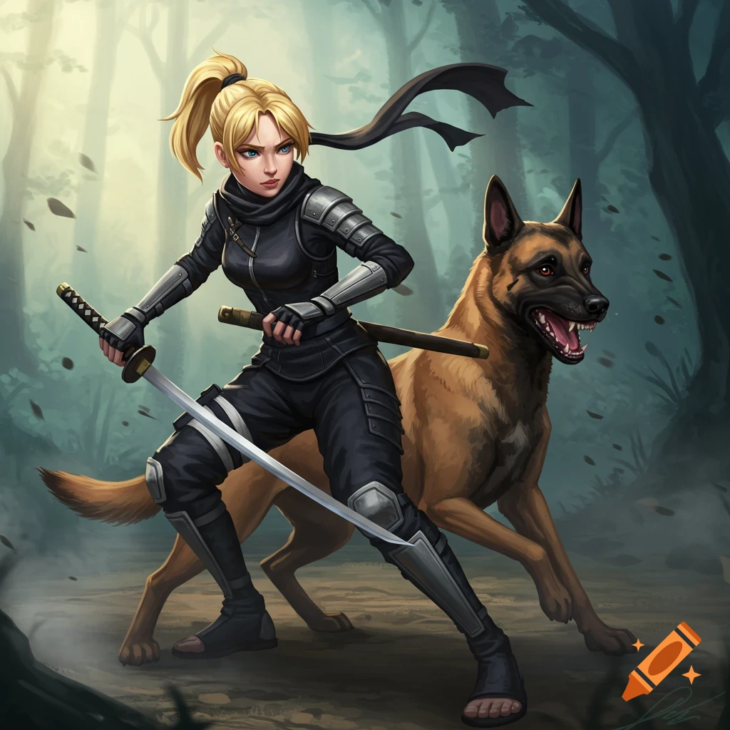 Blonde female ninja holding a sword with a Malinois dog in a forest.