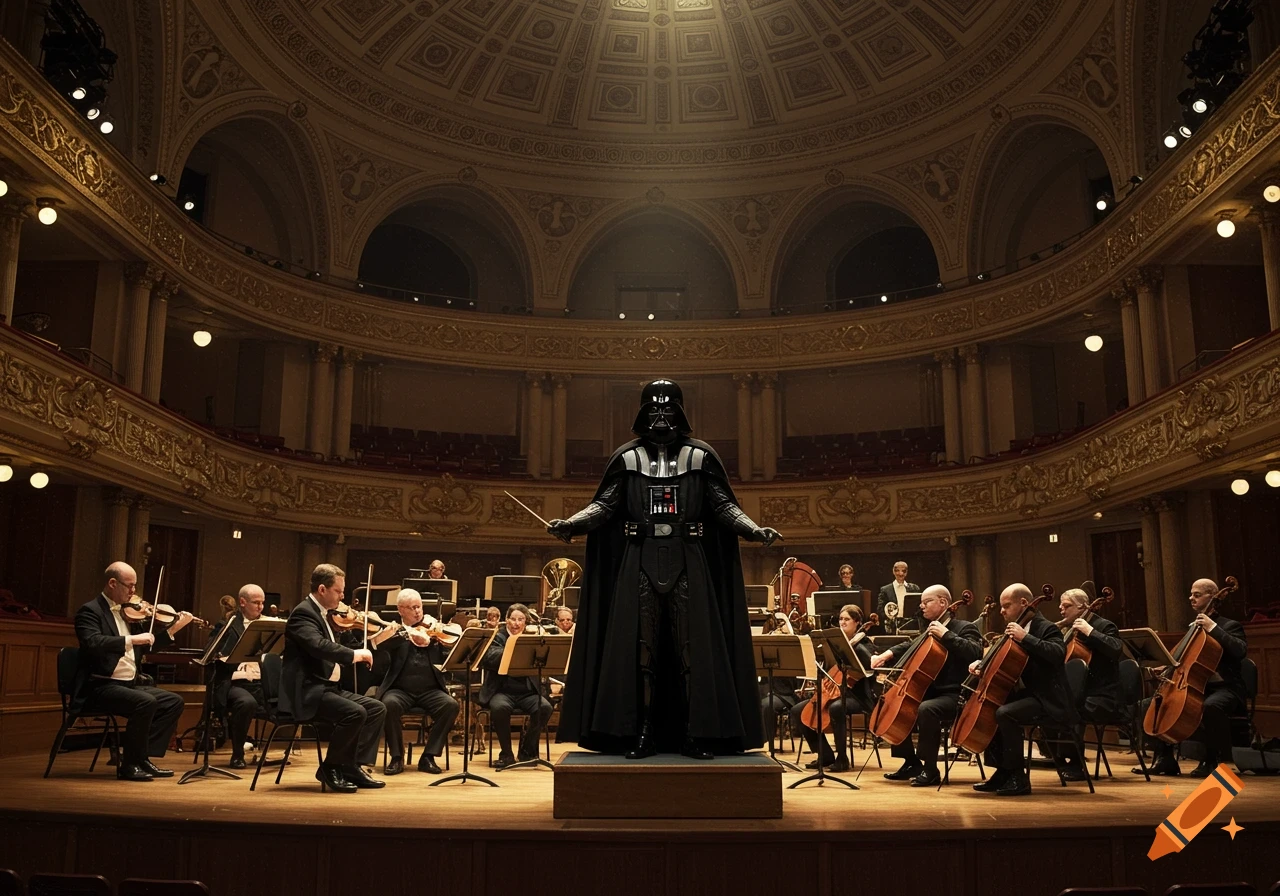 Darth Vader conducts an orchestra in a grand concert hall.