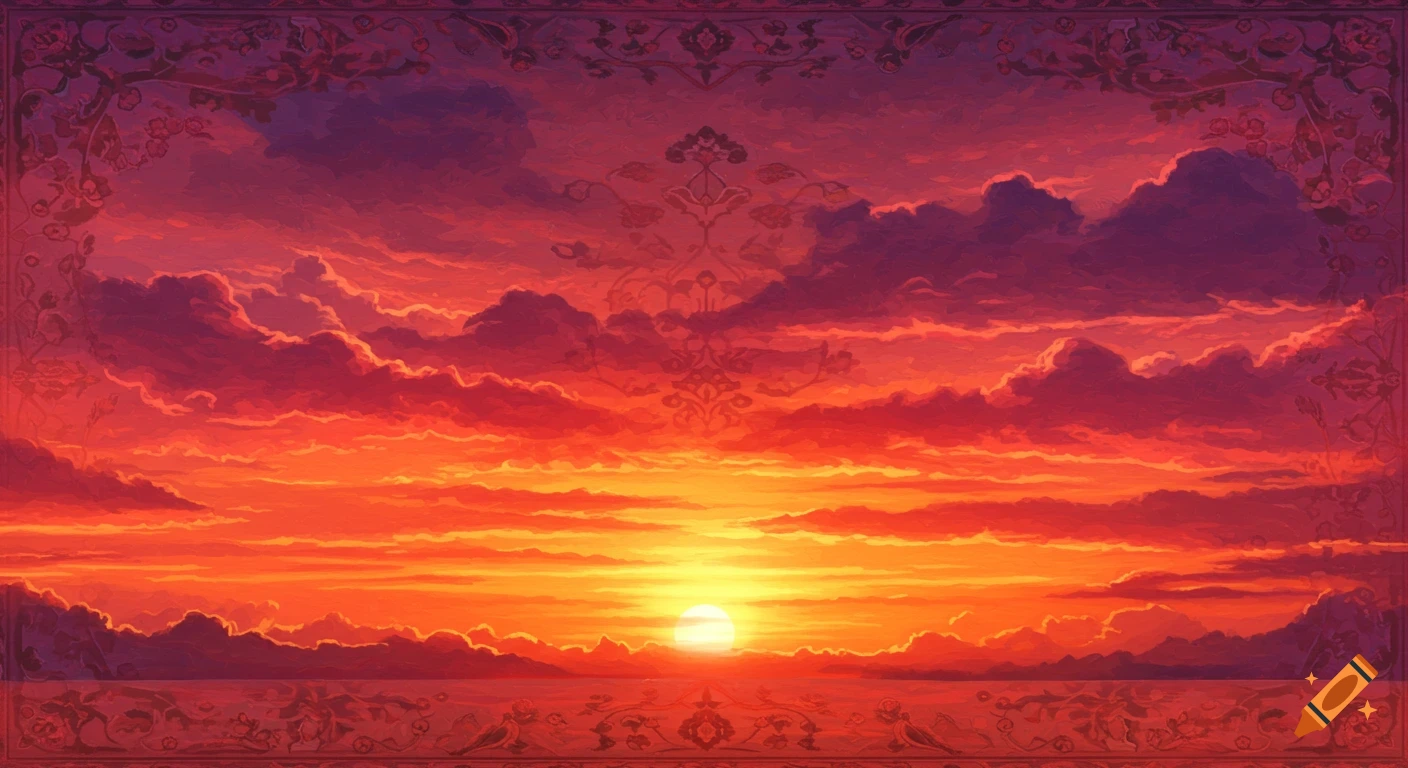 A red and orange sunset sky over water, framed by an ornamental oriental rug pattern.