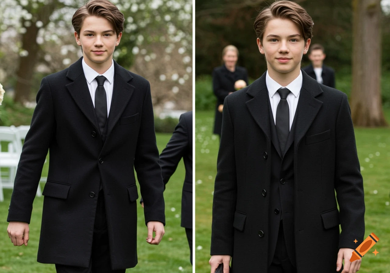 A teen boy in a black suit and coat stands outdoors.