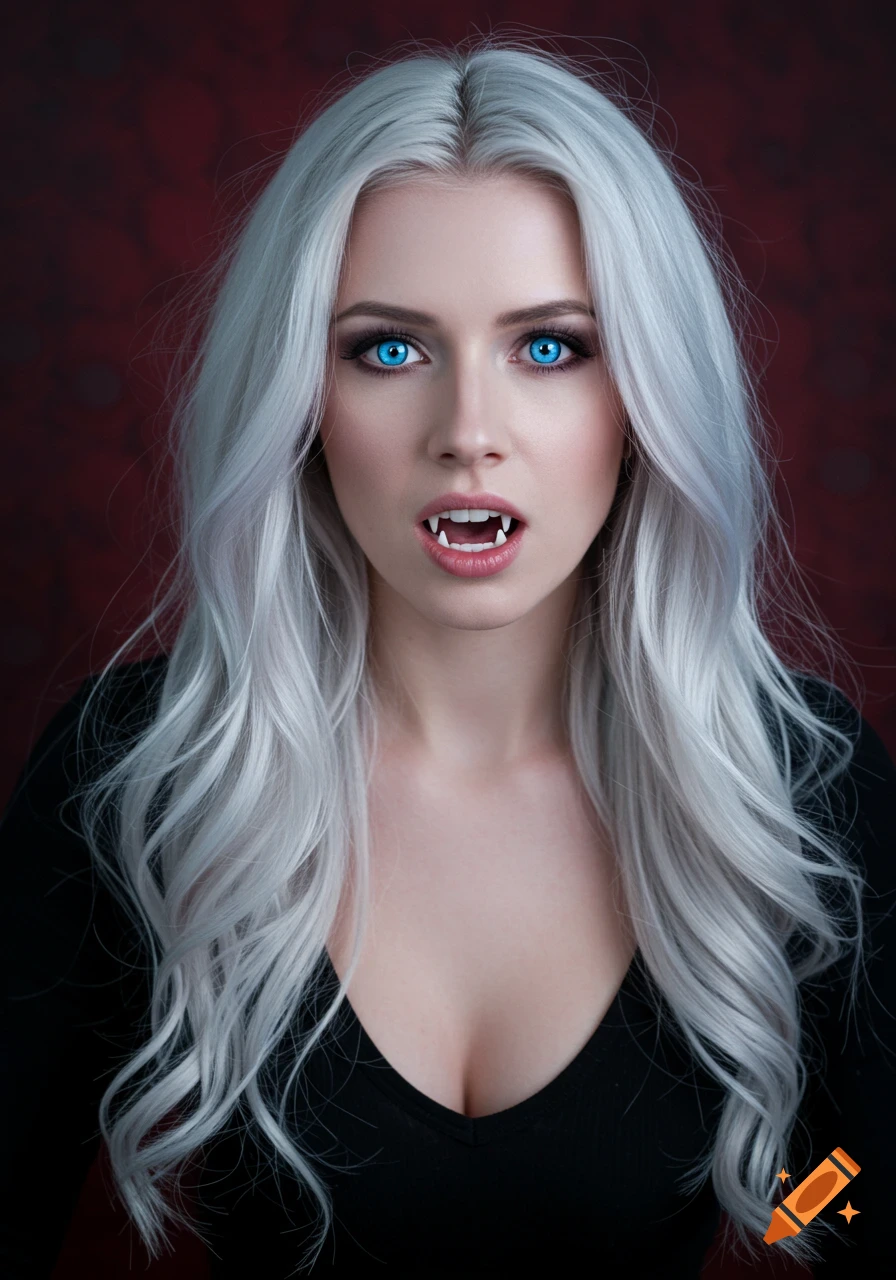 Portrait of a woman with white hair, bright blue eyes, and vampire fangs.