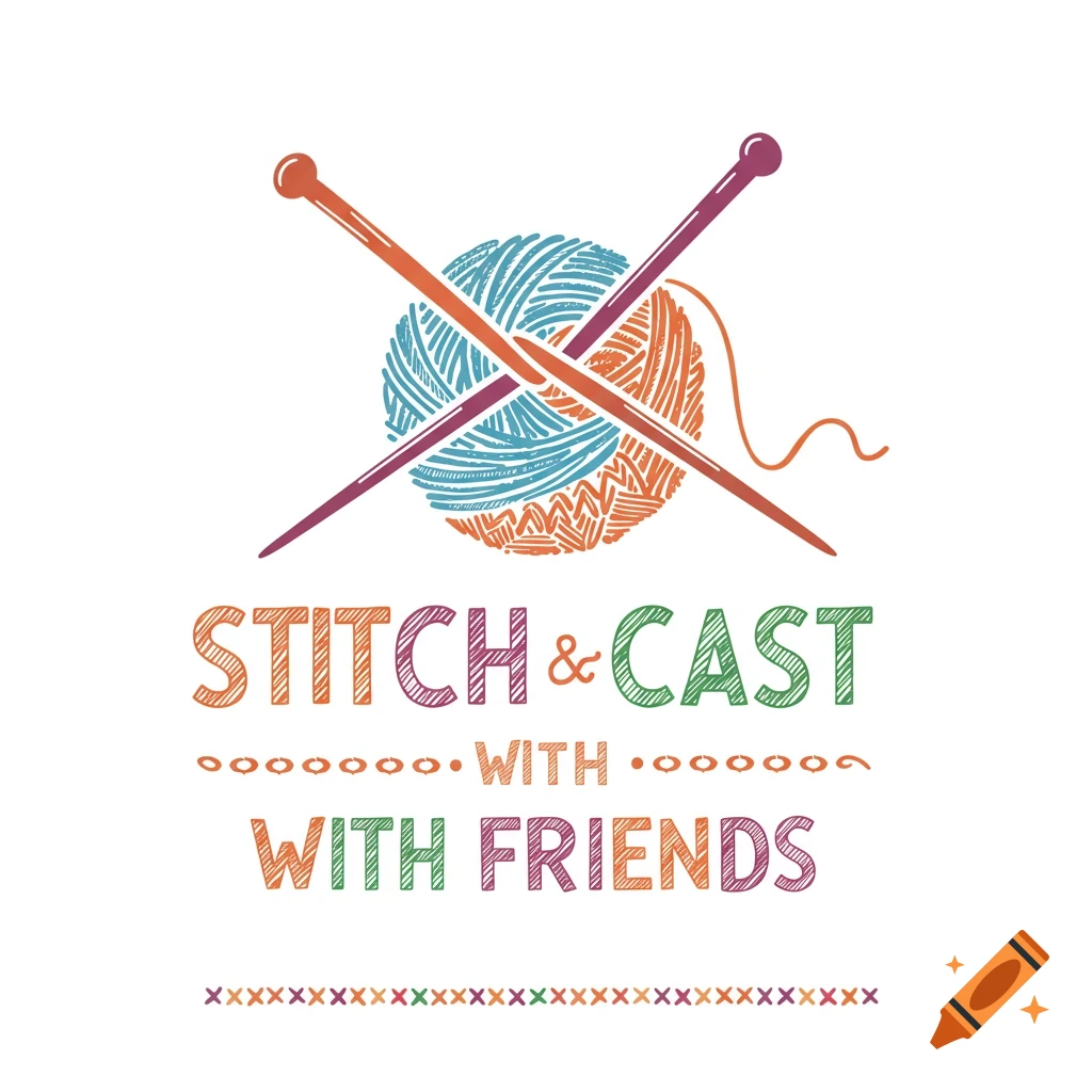 Logo with crossed knitting needles, a ball of yarn, and the text 'Stitch & Cast with Friends'.