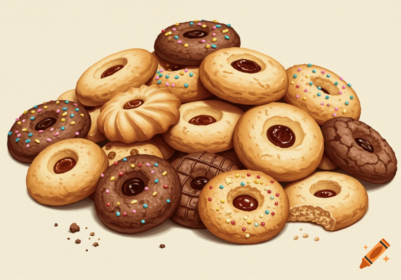 A pile of assorted cookies with sprinkles, chocolate, and jam.