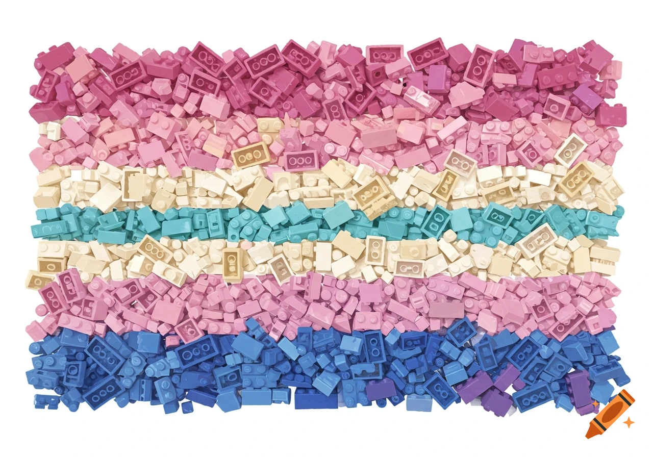 A flag made of pink, white, light blue, and dark blue Lego bricks, representing the transgender pride flag.