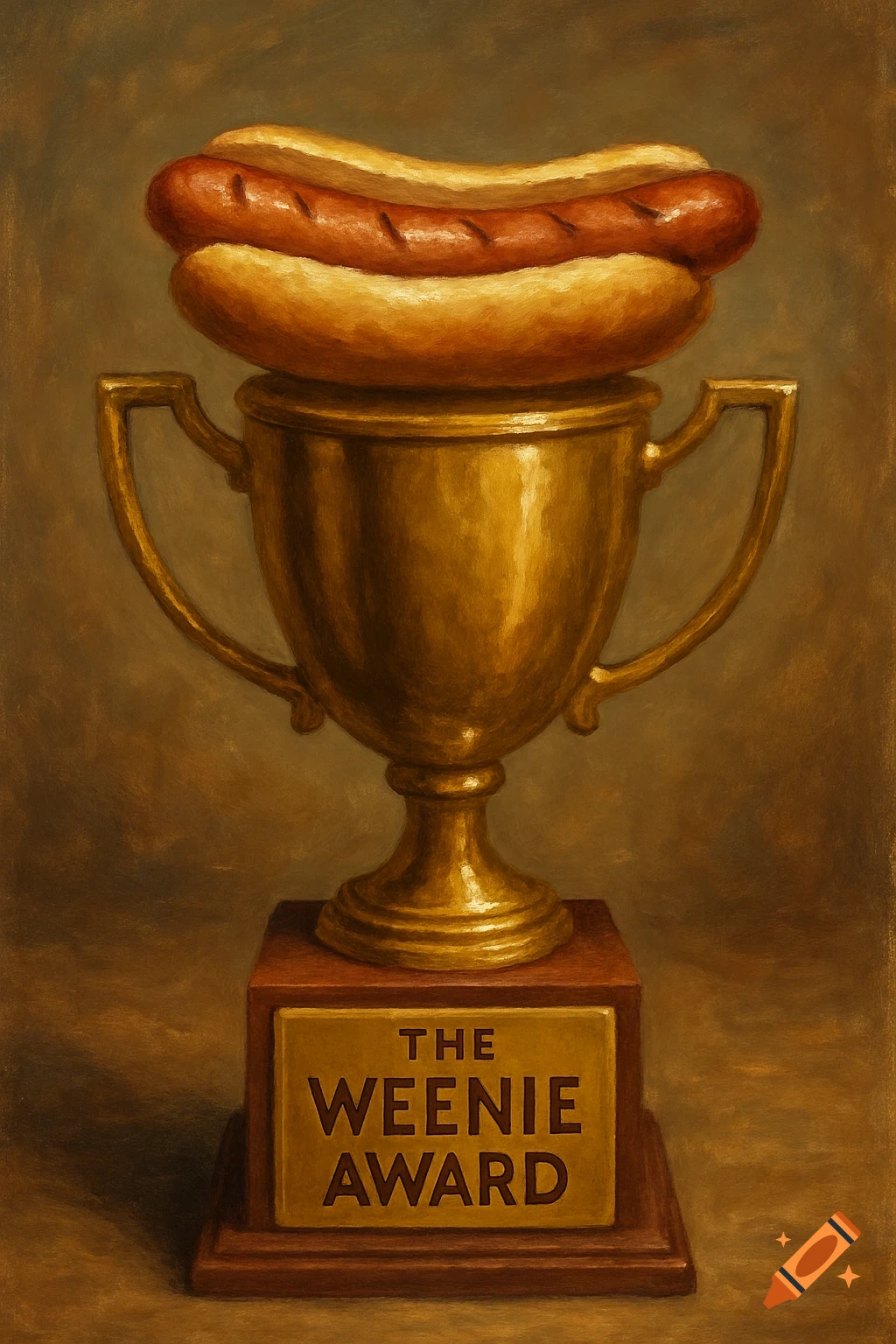 A painting of a gold trophy topped with a hot dog. The base reads "THE WEENIE AWARD".