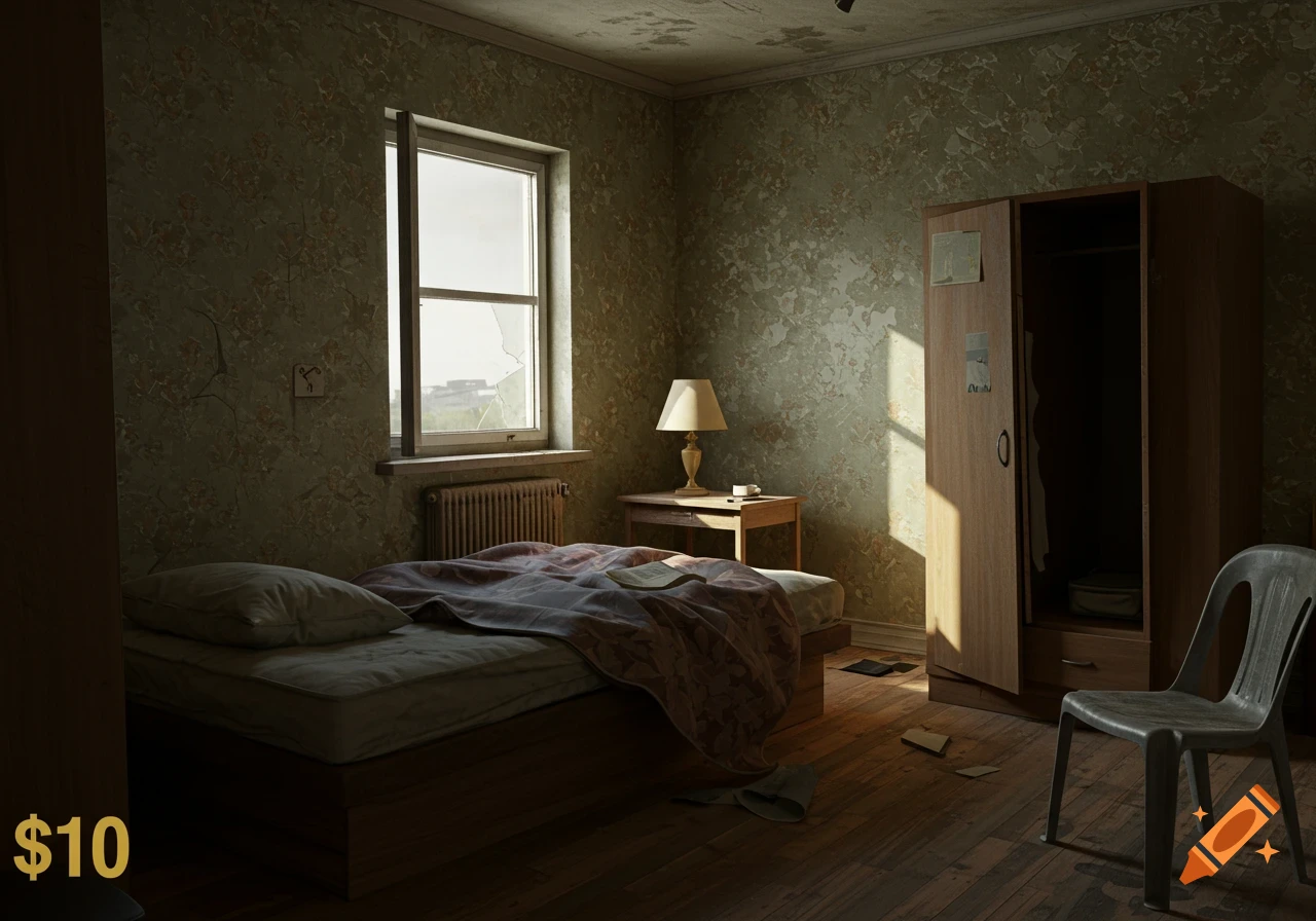 A dilapidated room with a bed, wardrobe, and broken window, bathed in sunlight.
