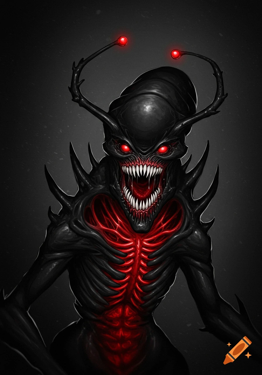 A scary black alien monster with glowing red eyes, sharp teeth, spiky horns, and a glowing red rib cage.