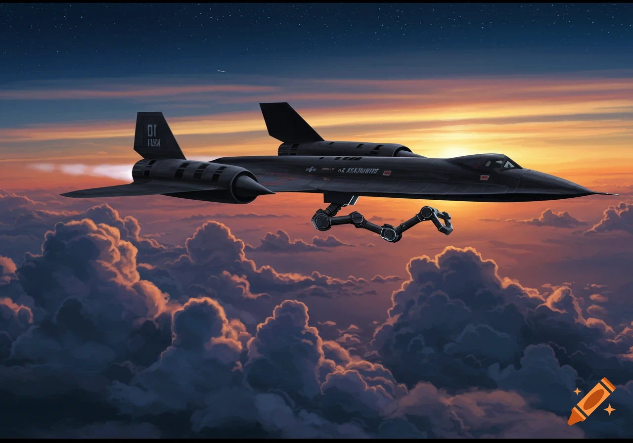 Black SR-71 jet with a mechanical arm flying over clouds at sunset