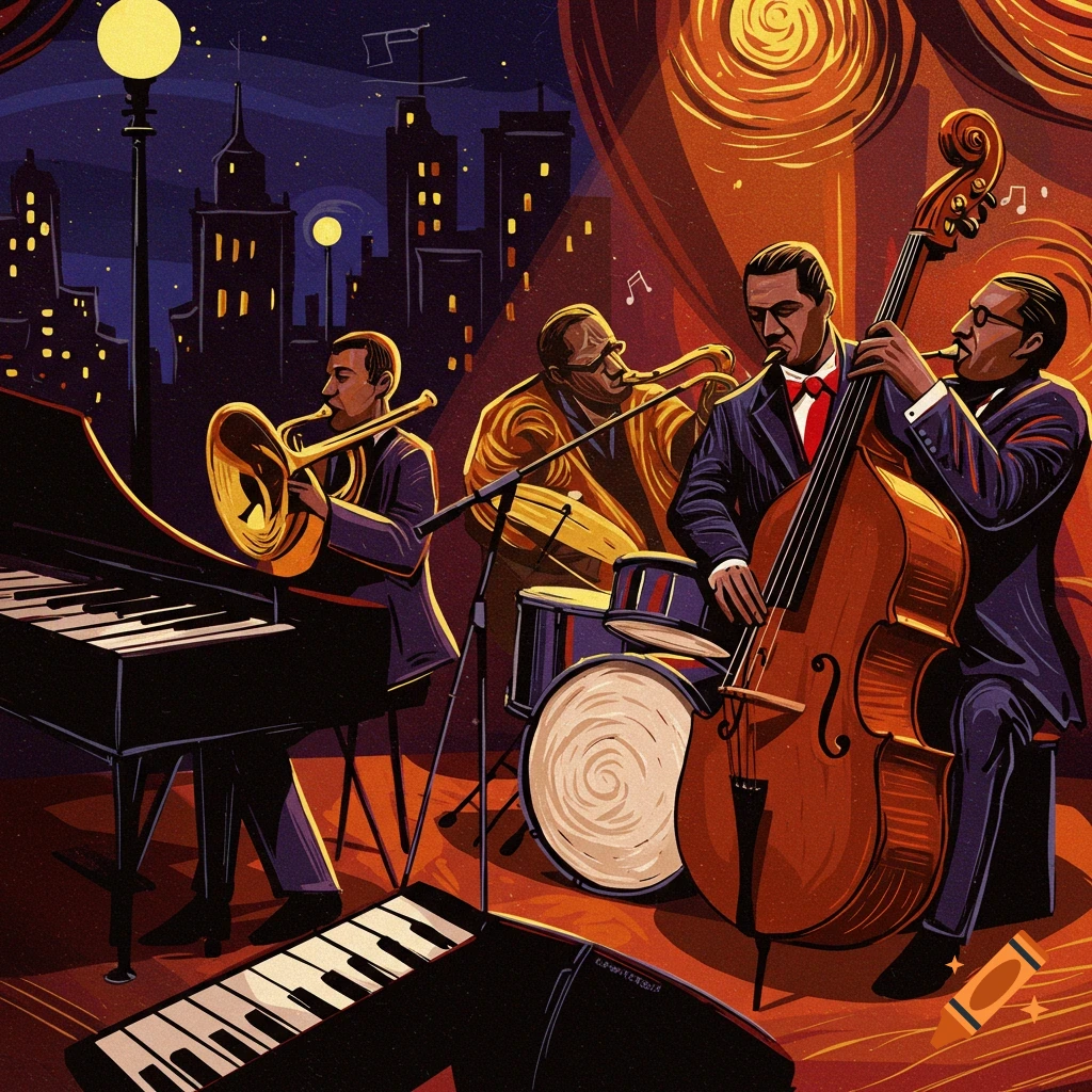 A jazz band with piano, bass, and horns playing on a stage, in a linocut art style.