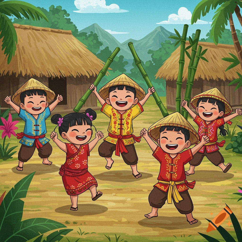 Cartoon kids in traditional clothes dance the bamboo dance in a village setting.